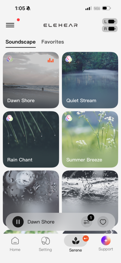 Screenshot from Elehear's app showcasing some of the available soundscapes.