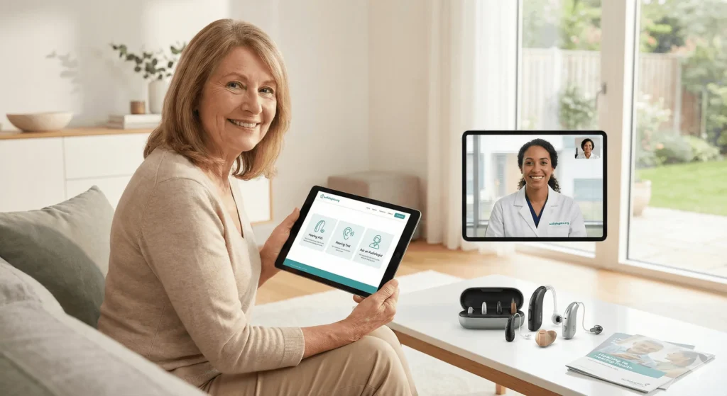 woman with tablet searching for hearing aids