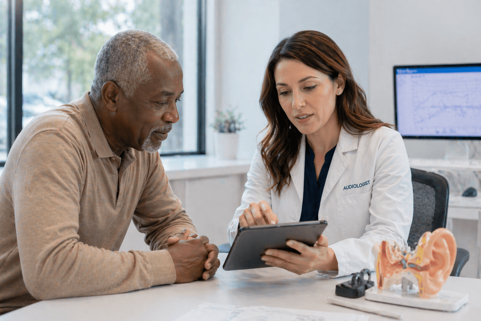 Audiologist with a patient showing results on a tablet