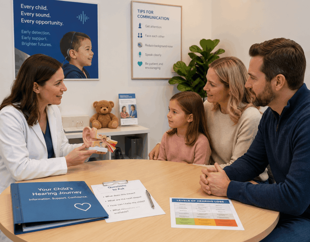 Audiologist consulting a family