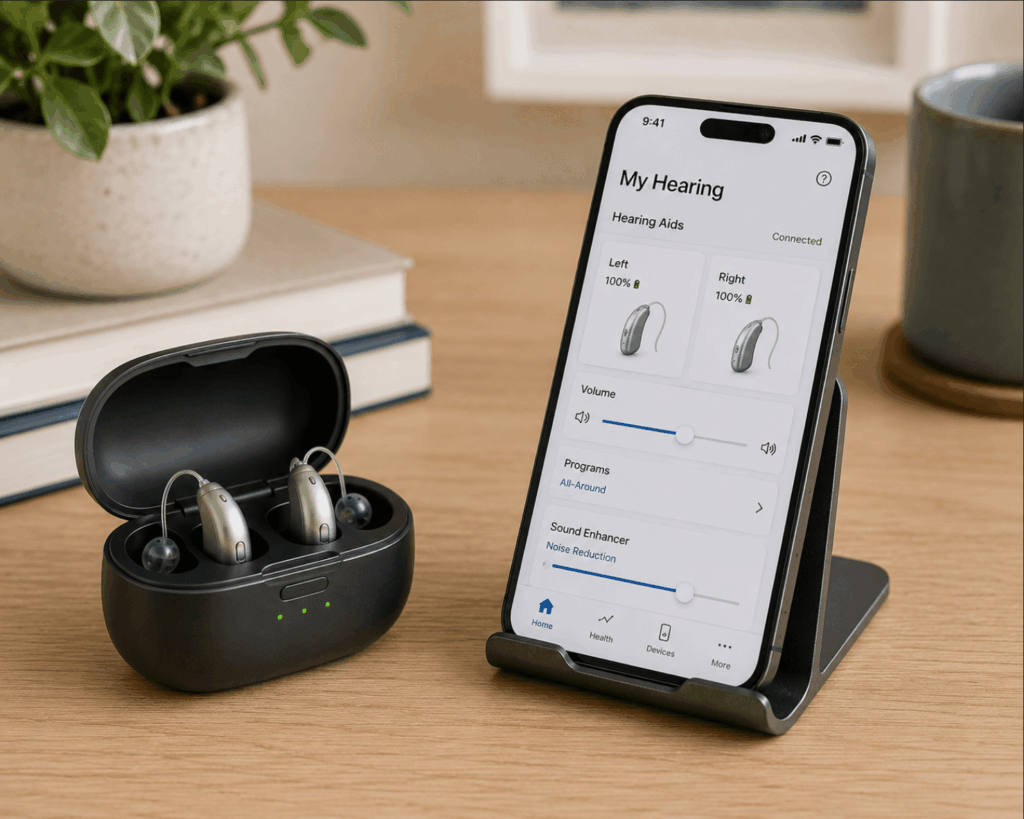 Hearing aids and mobile app on a wooden desk